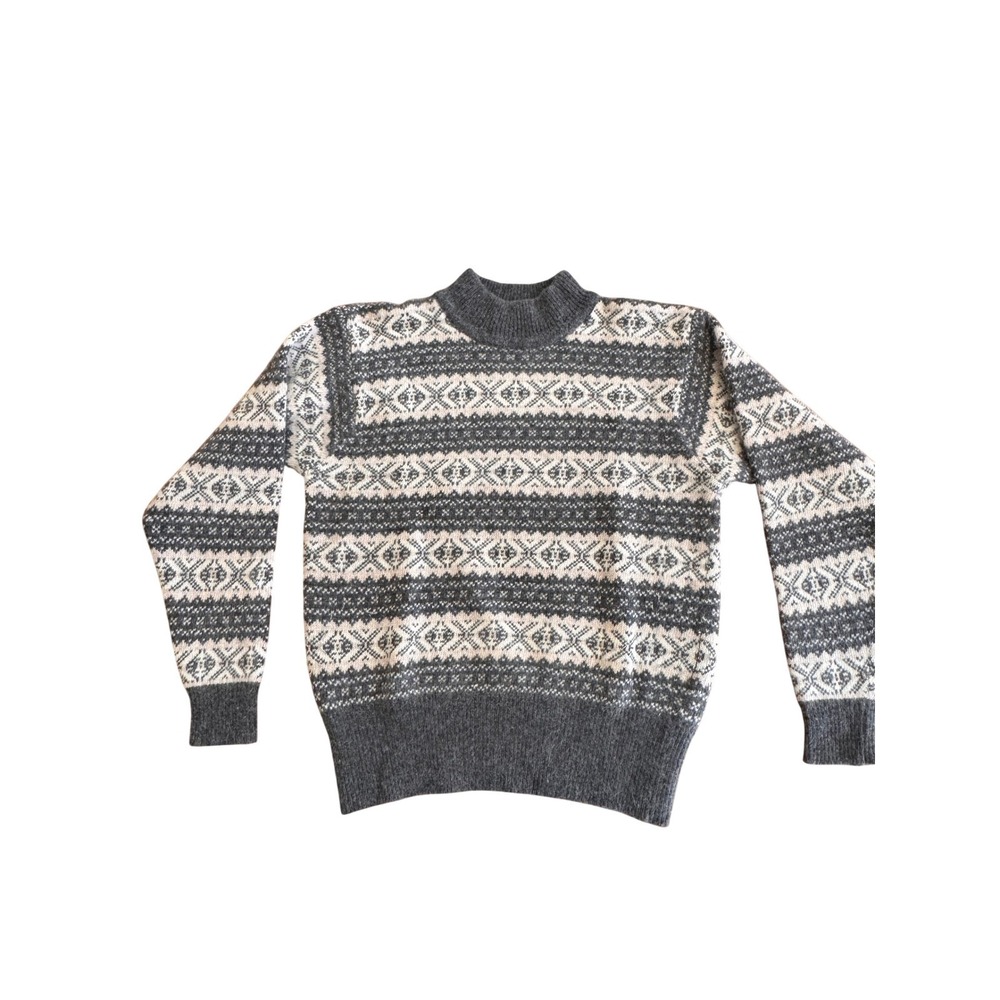 Liz Claiborne Vintage Fair Isle‎ Mock Neck Sweater Grey Angora Wool Blend M